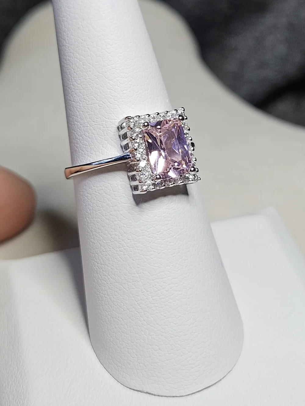 Sterling Silver Ring with Pink Rectangular Center Stone and Halo